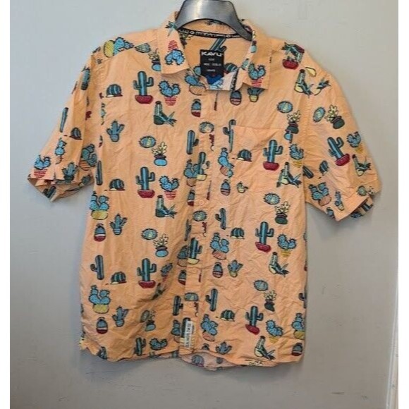 KAVU Shirt Men Sz L Peach Button Up Cactus Casual Cotton Short Sleeve - Picture 1 of 6